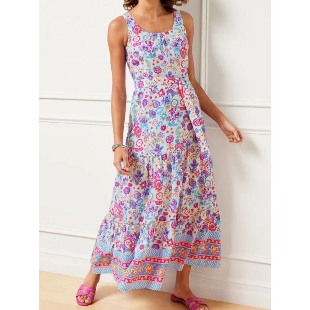 Talbots Charming Floral Belted Voile Maxi Dress Sleeveless Cotton Tiered Hem 10